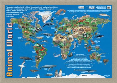 Framed Framed Animals of the World - Animal World Map